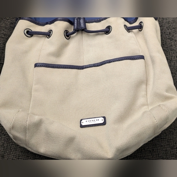 COACH BUCKET CREAM/NAVY LEATHER TRIM HOBO BAG. - Picture 13 of 16